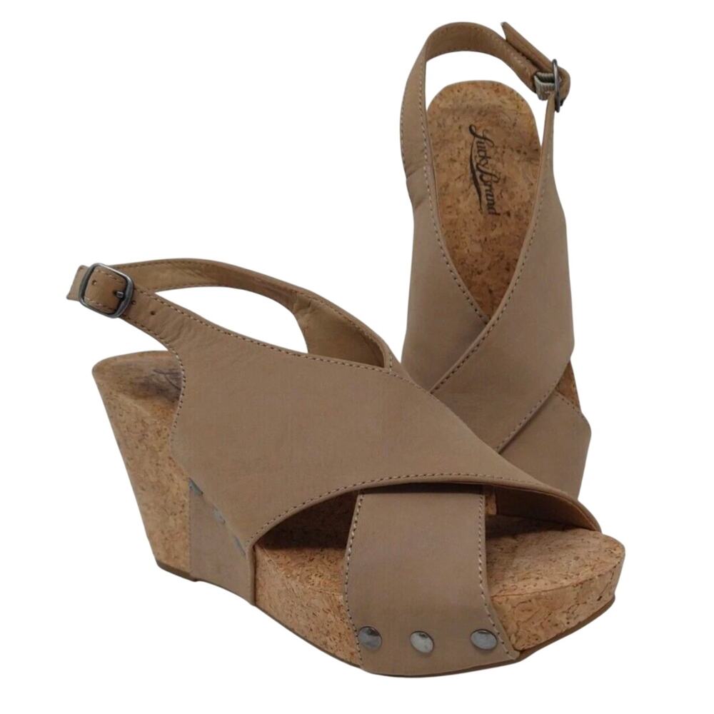 Lucky Brand Minari Tan Genuine Suede Wedge Sandals-S 7.5 - Picture 2 of 7